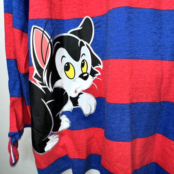 Disney Parks Womens Size XL Pinocchio Figaro Cleo Graphic Red Blue Stripe Shirt - Picture 2 of 6